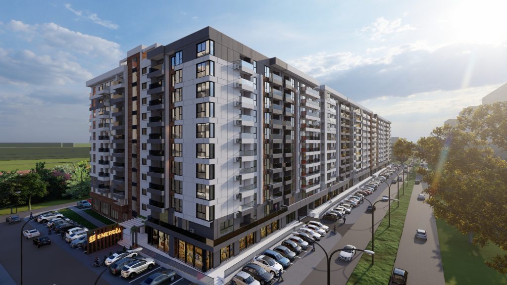 Randare 3D fațada principală a complexului Energia 3, cu firma luminoasă ENERGIA