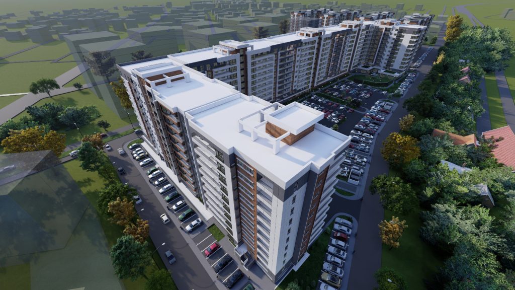 Randare 3D aeriană a complexului Energia 3 și a zonei înconjurătoare