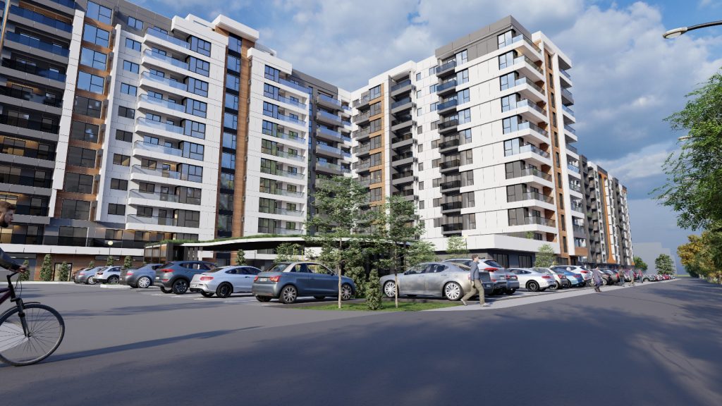 Randare 3D a zonei pietonale și de acces din complexul Energia 3